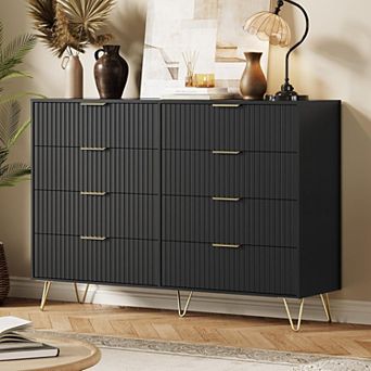Fluted Dresser for Bedroom with 8 Drawers,55" Wide Modern Chest of Wooden Bedroom Chest with Metal