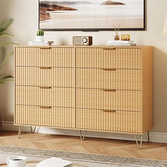 Fluted Dresser for Bedroom with 8 Drawers,55" Wide Modern Chest of Wooden Bedroom Chest with Metal
