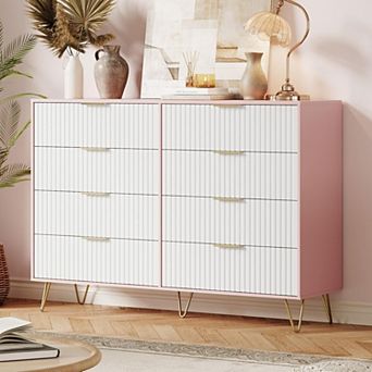 Fluted Dresser for Bedroom with 8 Drawers,55" Wide Modern Chest of Wooden Bedroom Chest with Metal