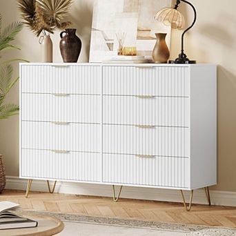 Fluted Dresser for Bedroom with 8 Drawers,55" Wide Modern Chest of Wooden Bedroom Chest with Metal