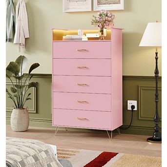 Modern 5-Drawer Tall Dresser for Bedroom, Wood Chest of Drawers with Silent Closing Slides
