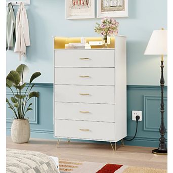 Modern 5-Drawer Tall Dresser for Bedroom, Wood Chest of Drawers with Silent Closing Slides