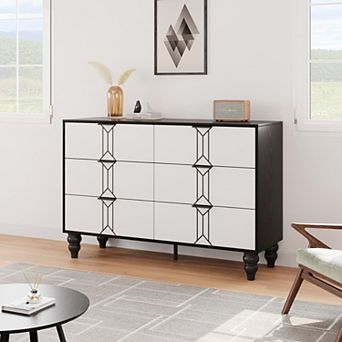 Modern Wooden 6 Drawer Dresser with Vintage Pattern Design, Chest Dresser with Deep Drawers