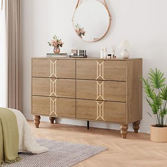 Modern Wooden 6 Drawer Dresser with Vintage Pattern Design, Chest Dresser with Deep Drawers