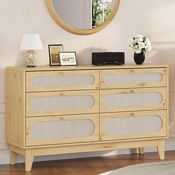 Rattan Dresser for Bedroom, 6 Drawers Dresser for Closet, Chests of Drawers, Oak Storage Dressers