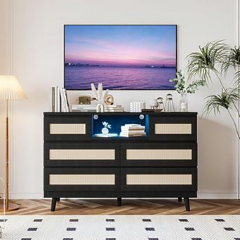 Rattan Dresser for Bedroom with 6 Drawers, Natural Wood Durable Dressers & Chests of Drawers