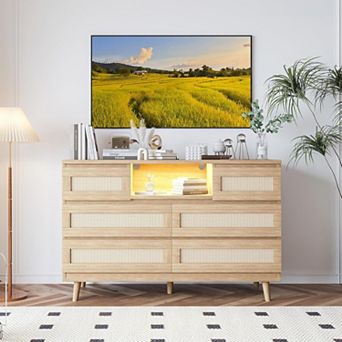 Rattan Dresser for Bedroom with 6 Drawers, Natural Wood Durable Dressers & Chests of Drawers