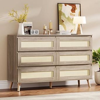 Rattan 6 Drawer Dresser for Bedroom, Large Double Dresser with Deep Drawers, Wooden Chest