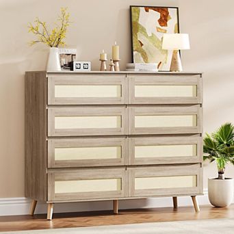 Rattan 8 Drawer Dresser for Bedroom, Wooden Dressers & Chests of Drawers, Modern Farmhouse Storage