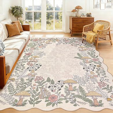 Garvee Washable Scalloped Border Area Rug With Forest Mushroom Pattern for Modern Living Spaces
