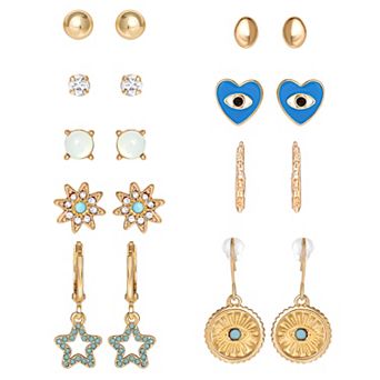 JS Jessica Simpson Gold-Tone Evil-Eye, Heart & Star Stud & Hoop Earring Set, 9 Pairs