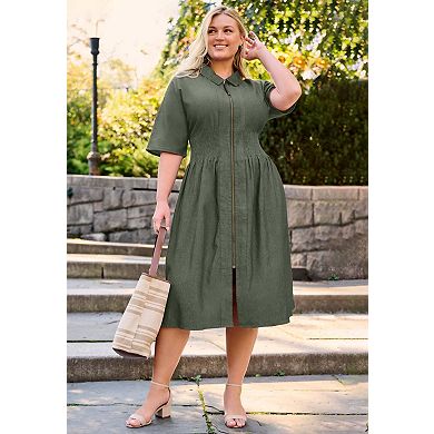 Avenue Women's Plus Size Smocked Waistband Zip-Front Dress