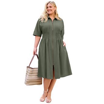 Avenue Women's Plus Size Smocked Zip Front Dress