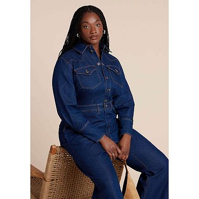 ELOQUII Women's Plus Size Western Detail Denim Jumpsuit