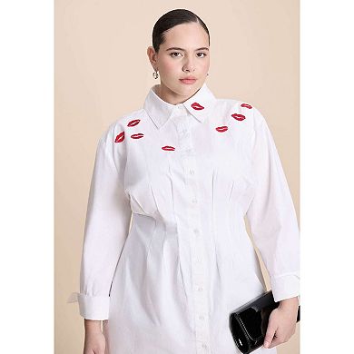 ELOQUII Women's Plus Size Embroidered Mini Shirt Dress
