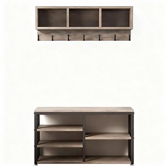 5-in-1 Industrial Hall Tree with Bench: 7 Hooks, 3 Cubbies, Shoe Rack