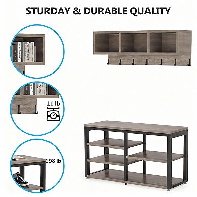 5-in-1 Industrial Hall Tree with Bench: 7 Hooks, 3 Cubbies, Shoe Rack