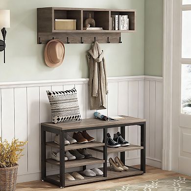 5-in-1 Industrial Hall Tree with Bench: 7 Hooks, 3 Cubbies, Shoe Rack