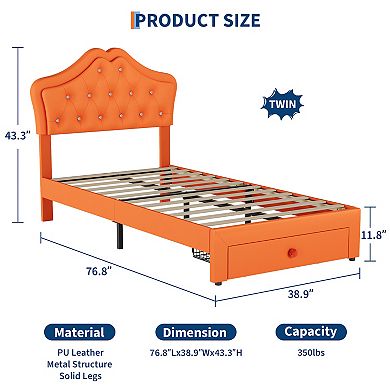 Upholstered Platform Twin Bed Frame with LED Lights Storage Drawer for Children Kids Bed,PU leather