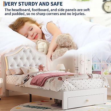 Upholstered Platform Twin Bed Frame with LED Lights Storage Drawer for Children Kids Bed,PU leather