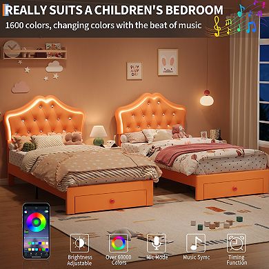 Upholstered Platform Twin Bed Frame with LED Lights Storage Drawer for Children Kids Bed,PU leather