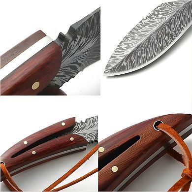 Stainless Steel Kitchen Knife with Wooden Handle & Leather Sheath - 3.75" Blade, 7.87"