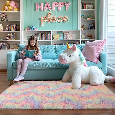 Fluffy 4x6 Rainbow Shag Rug Soft, Washable, Plush Carpet for Kids Room