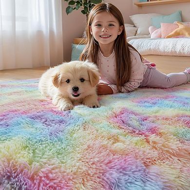 Fluffy 4x6 Rainbow Shag Rug Soft, Washable, Plush Carpet for Kids Room