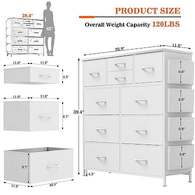 10-Drawer Fabric Dresser with Side Pockets & Hooks for Storage