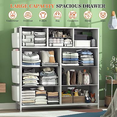 10-Drawer Fabric Dresser with Side Pockets & Hooks for Storage