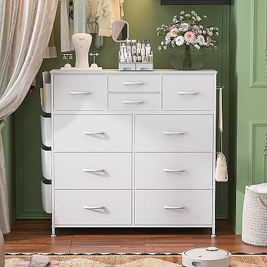 10-Drawer Fabric Dresser with Side Pockets & Hooks for Storage