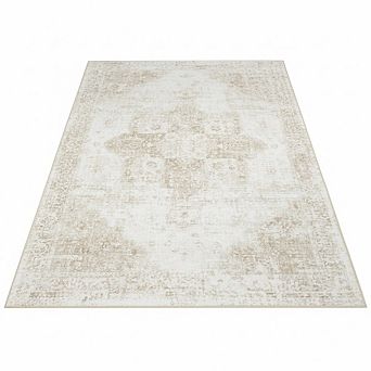 5'x7' Washable Area Rug, Low-Pile Boho Medallion, Soft, Non-Slip, Beige