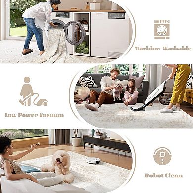 5'x7' Washable Area Rug, Low-Pile Boho Medallion, Soft, Non-Slip, Beige