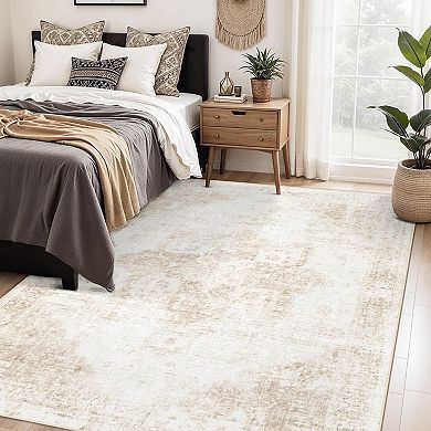 5'x7' Washable Area Rug, Low-Pile Boho Medallion, Soft, Non-Slip, Beige