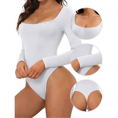2 Packs Women's Long Sleeve Bodysuit Slim Fit Square Neck Tummy Control Brief Leotard