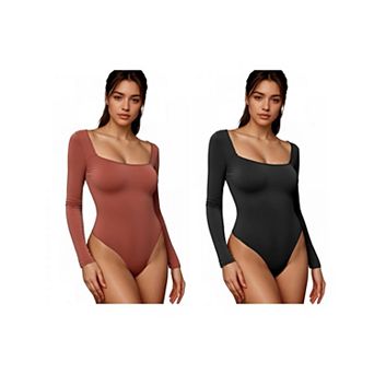 2 Packs Women's Long Sleeve Bodysuit Slim Fit Square Neck Tummy Control Brief Leotard