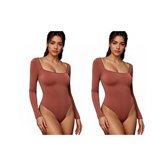 2 Packs Women's Long Sleeve Bodysuit Slim Fit Square Neck Tummy Control Brief Leotard