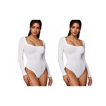 2 Packs Women's Long Sleeve Bodysuit Slim Fit Square Neck Tummy Control Brief Leotard
