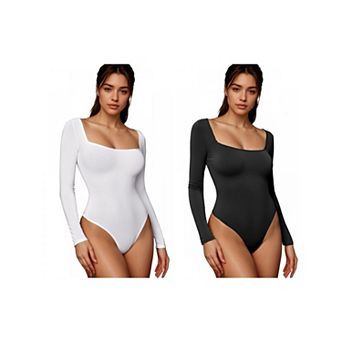 2 Packs Women's Long Sleeve Bodysuit Slim Fit Square Neck Tummy Control Brief Leotard