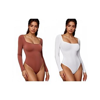 2 Packs Women's Long Sleeve Bodysuit Slim Fit Square Neck Tummy Control Brief Leotard