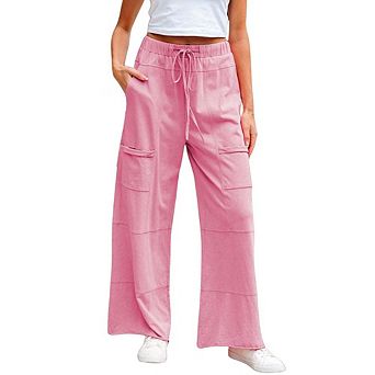 Bonbon Mineral Wash Exposed Seam Drawstring Elastic Waistband Wide Leg Cargo Pants