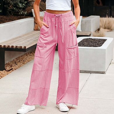 Bonbon Mineral Wash Exposed Seam Drawstring Elastic Waistband Wide Leg Cargo Pants