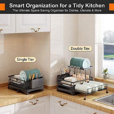 Two-tier Large-capacity Kitchen Countertop Dish Rack With Knife And Fork Rack