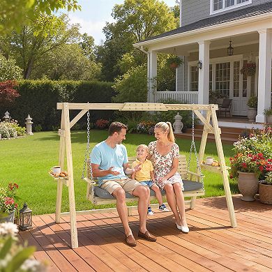 Outsunny 3 Seat Porch Swing with Cushion and Side Trays