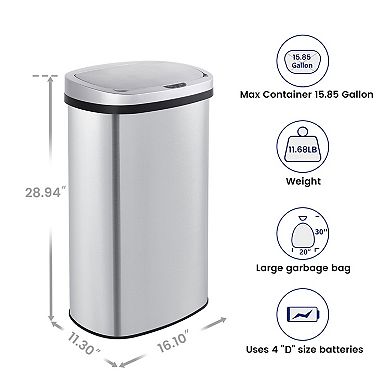 15 Gal./60 Liter Stainless Steel Oval Motion Sensor Trash Can for Kitchen