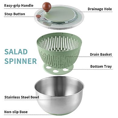 Stainless Steel Salad Spinner, 5.3 Qt Lettuce Spinner with Non-Slip Base, Drain, Stop Button