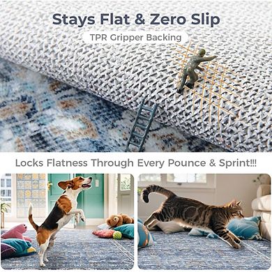 Vintage Blue 5x7 Area Rug Low-Pile Non-Slip Washable Floor Mat