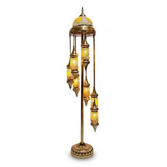 73"H Gold Spiral Turkish Lamp with 7 Yellow Multicolor Mosaic Lanterns