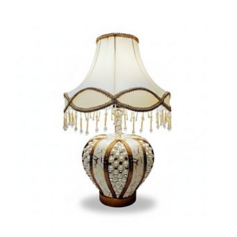 22"H Gold Vase with Pearl Bead Panel & Fringe Shade LED Lamp