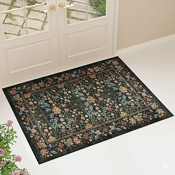 2x3 Floral Washable Entry Rug, Non-Slip Low Pile Mat for Home